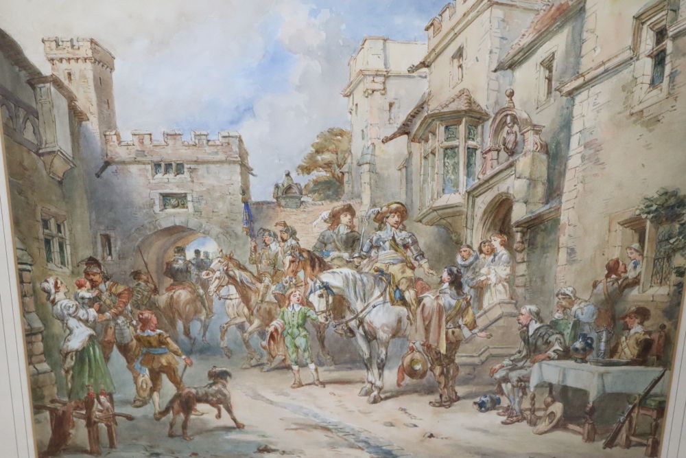 Charles Cattermole (1832-1900), Street scene with equestrian and other figures, signed, watercolour and two other pictures